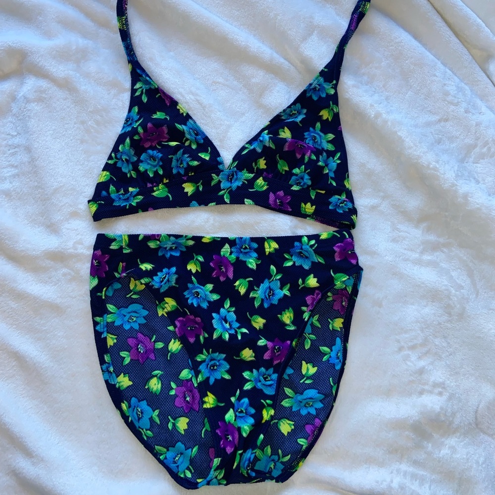 Vintage floral print bikini Triangle style top and high waisted bottoms